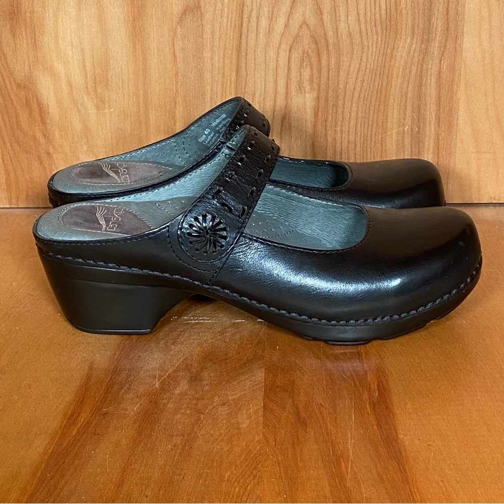Dansko Black Leather Mary Jane Clog Mules